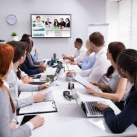 Businesspeople Having Video Conference In Boardroom